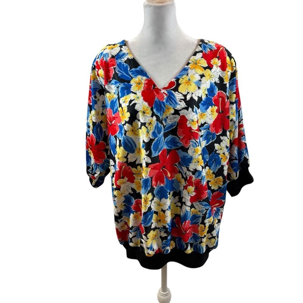 Ladies Vintage 80’s Tiger Lily Floral V Neck Blouse Size 22 Made in USA